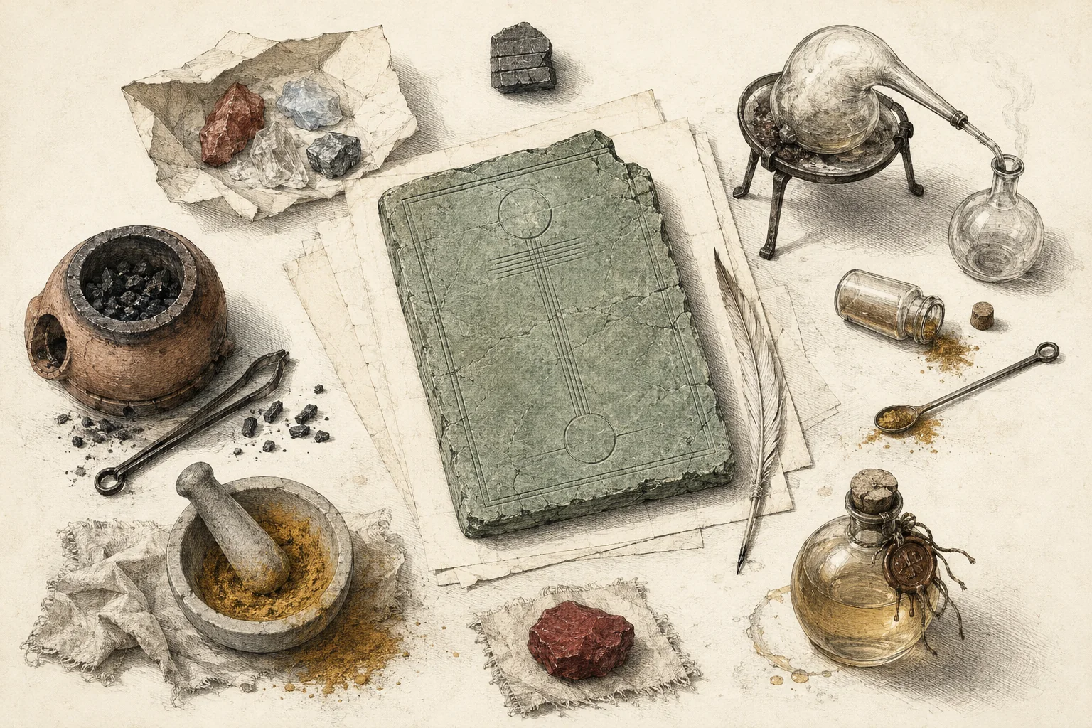 An interrupted alchemical experiment, engraved on paper. A large green tablet lies among a furnace, retort, minerals, mortar, vial and two finished preparations.